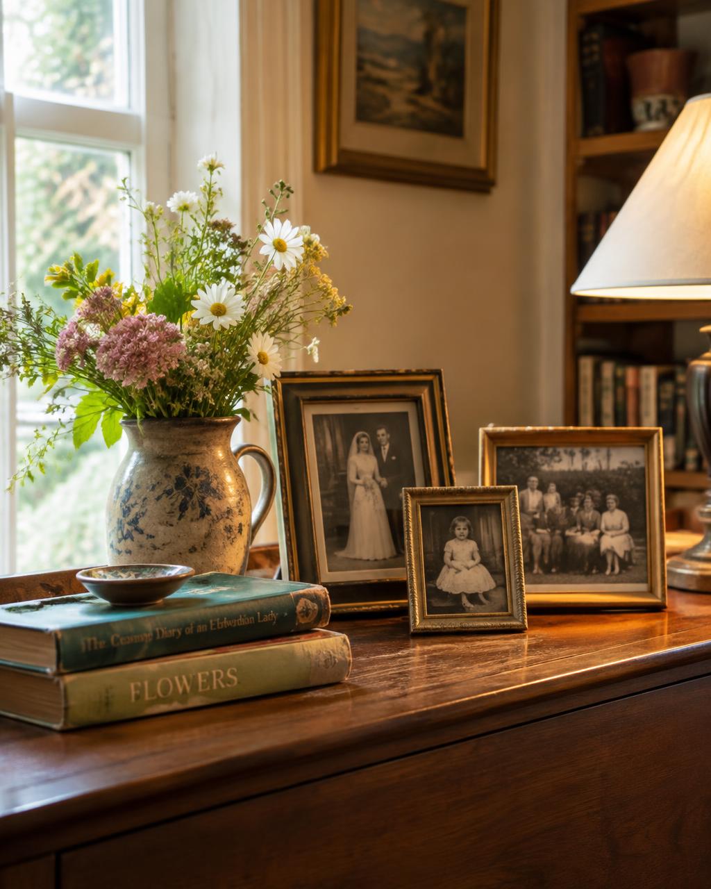 Framed family photographs and garden flowers on a wooden sideboard