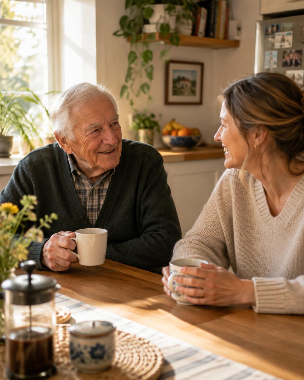 A senior father and his adult daughter talking over coffee at the kitchen table