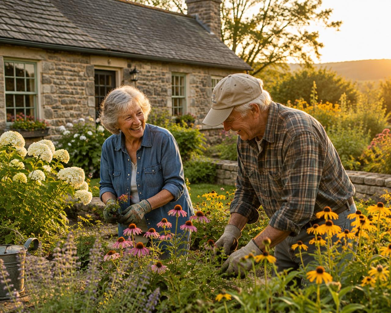An older couple laughing together while tending their garden
