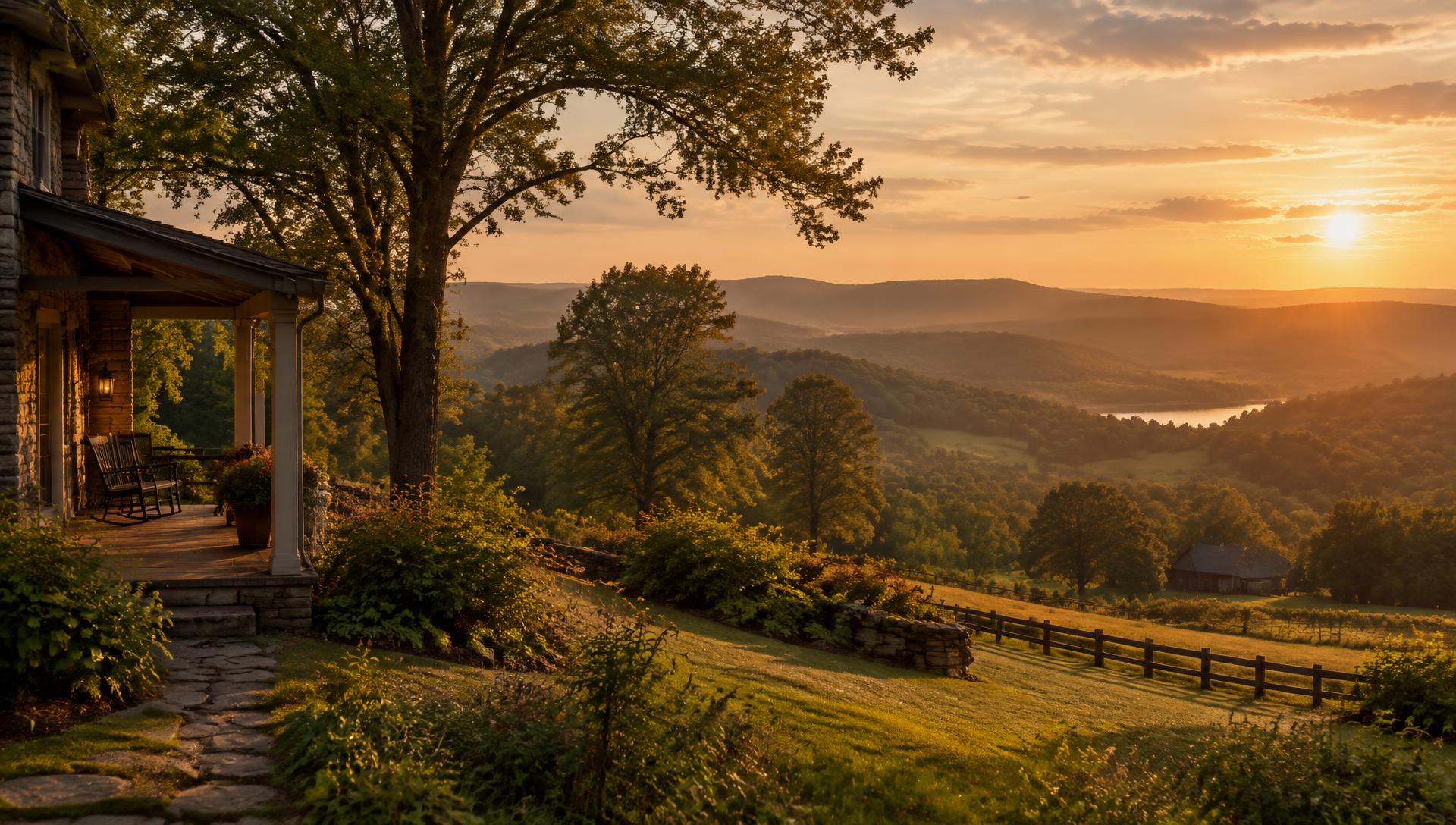Rolling Pocono hills at sunset seen from a stone farmhouse porch