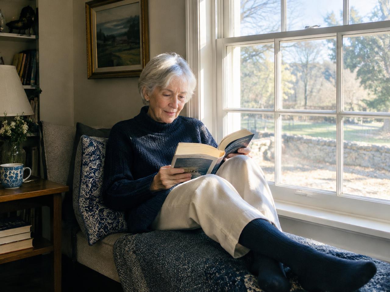 An older woman reading by a sunny window in her home
